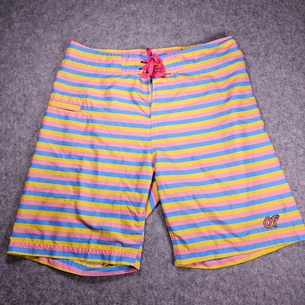 Odd Future Mens Striped Board Shorts Donut Logo Skate Surf Swim Beach Sz M READ